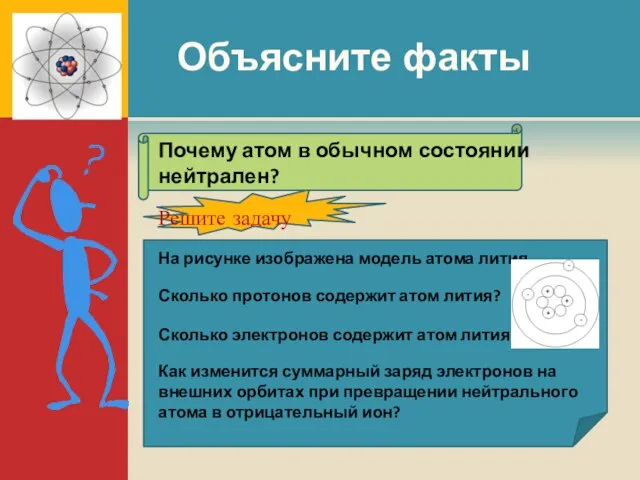 Объясните факты Почему атом в обычном состоянии нейтрален? Решите задачу На рисунке