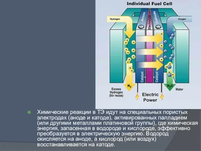 Химические реакции в ТЭ идут на специальных пористых электродах (аноде и катоде),