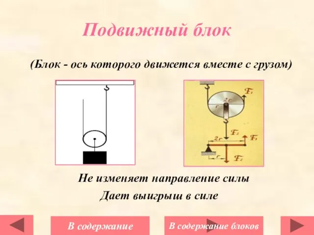 (Блок - ось которого движется вместе с грузом) Не изменяет направление силы