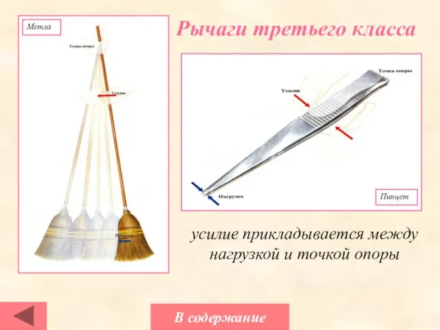 Рычаги третьего класса усилие прикладывается между нагрузкой и точкой опоры В содержание