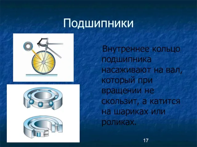 Подшипники Внутреннее кольцо подшипника насаживают на вал, который при вращении не скользит,