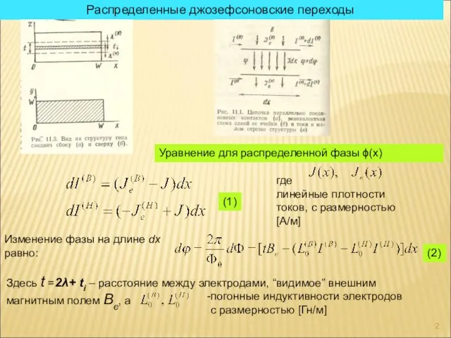 Распределенные джозефсоновские переходы Уравнение для распределенной фазы ϕ(х) где линейные плотности токов,