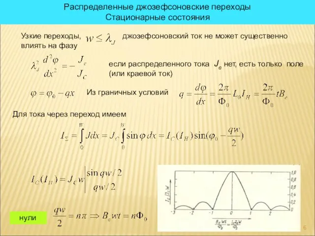 Распределенные джозефсоновские переходы Стационарные состояния Узкие переходы, джозефсоновский ток не может существенно