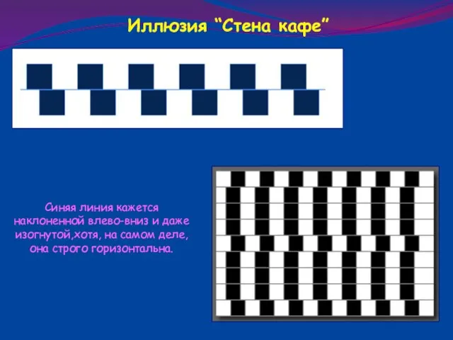 Синяя линия кажется наклоненной влево-вниз и даже изогнутой,хотя, на самом деле, она