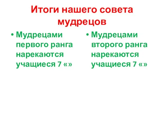 Итоги нашего совета мудрецов Мудрецами первого ранга нарекаются учащиеся 7 «» Мудрецами