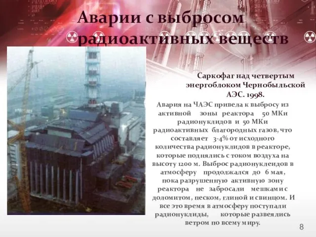 Аварии с выбросом радиоактивных веществ Саркофаг над четвертым энергоблоком Чернобыльской АЭС. 1998.