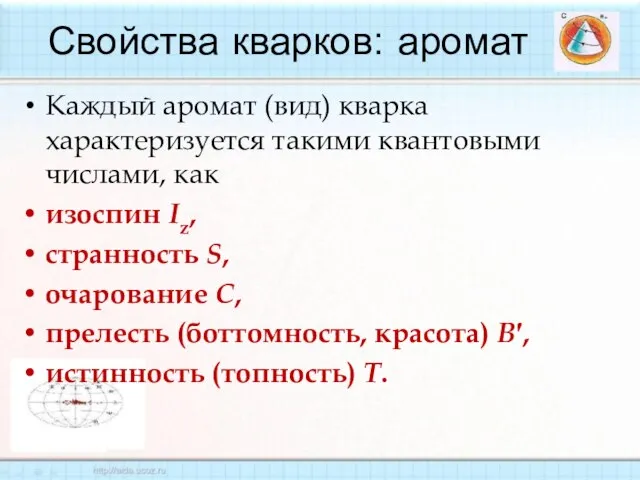 Каждый аромат (вид) кварка характеризуется такими квантовыми числами, как изоспин Iz, странность