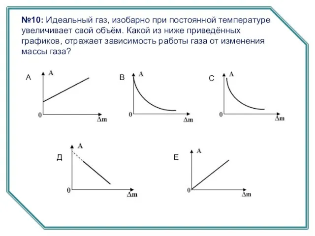 №10: Идеальный газ, изобарно при постоянной температуре увеличивает свой объём. Какой из