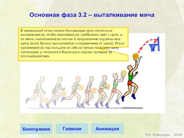 В наивысшей точке взлета бросающая рука полностью выпрямляется, чтобы максимально приблизить мяч