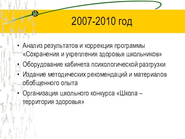 2007-2010 год Анализ результатов и коррекция программы «Сохранения и укрепления здоровья школьников»