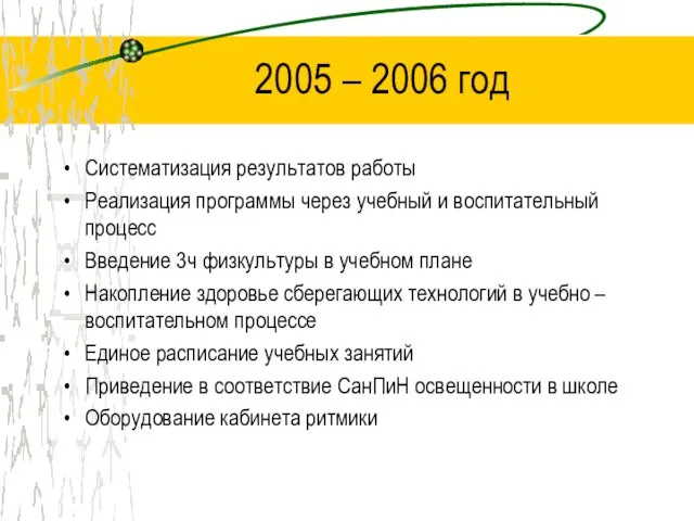 2005 – 2006 год Систематизация результатов работы Реализация программы через учебный и