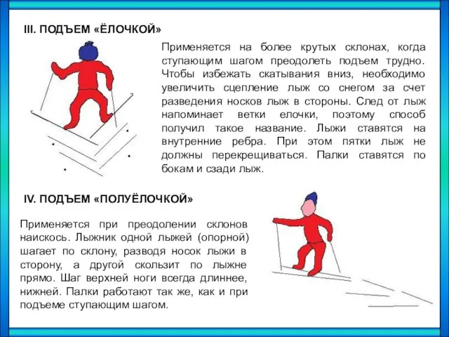 III. ПОДЪЕМ «ЁЛОЧКОЙ» Применяется на более крутых склонах, когда ступающим шагом преодолеть