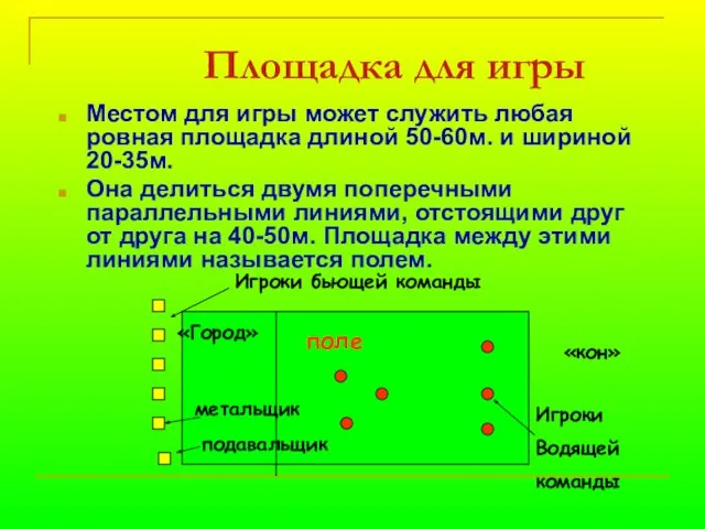 Площадка для игры Местом для игры может служить любая ровная площадка длиной