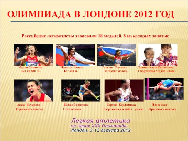 ОЛИМПИАДА В ЛОНДОНЕ 2012 ГОД Российские легкоатлеты завоевали 18 медалей, 8 из