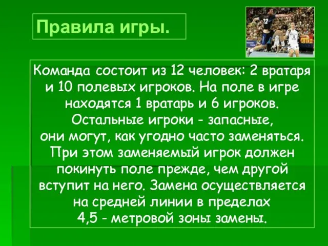 Правила игры. Команда состоит из 12 человек: 2 вратаря и 10 полевых