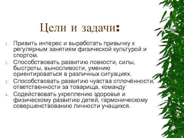 Цели и задачи: Привить интерес и выработать привычку к регулярным занятиям физической