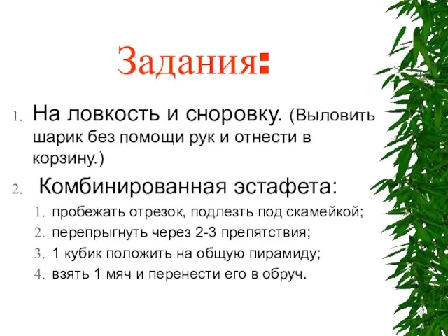 Задания: На ловкость и сноровку. (Выловить шарик без помощи рук и отнести