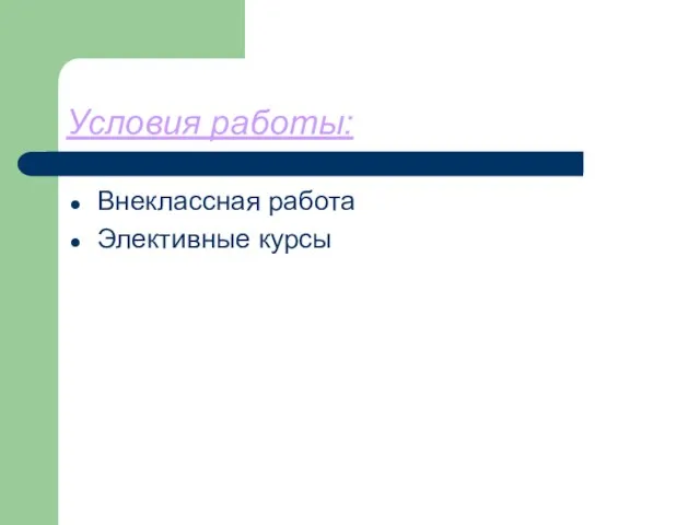 Условия работы: Внеклассная работа Элективные курсы