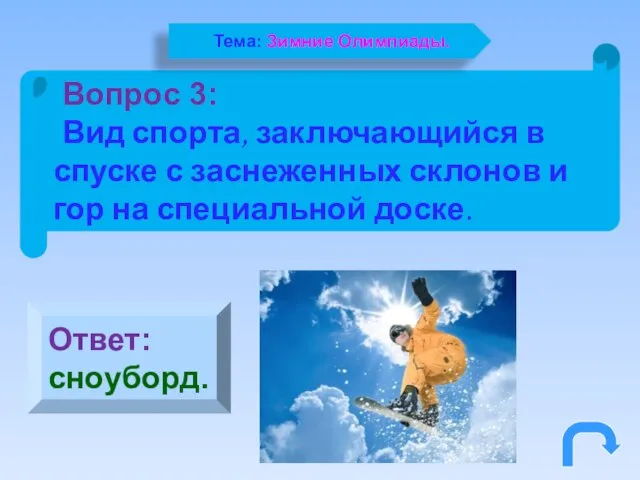 Ответ: сноуборд. Вопрос 3: Вид спорта, заключающийся в спуске с заснеженных склонов