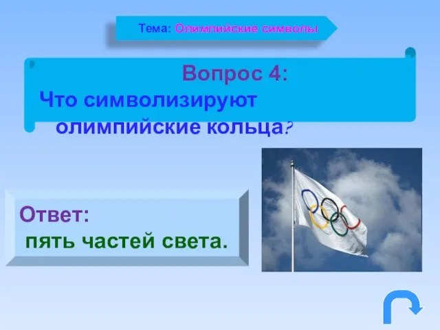 Вопрос 4: Что символизируют олимпийские кольца? Ответ: пять частей света. Тема: Олимпийские символы