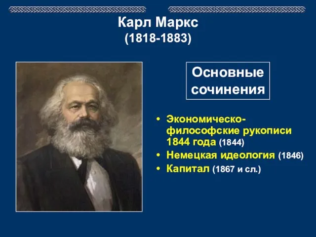 Карл Маркс (1818-1883) Экономическо-философские рукописи 1844 года (1844) Немецкая идеология (1846) Капитал