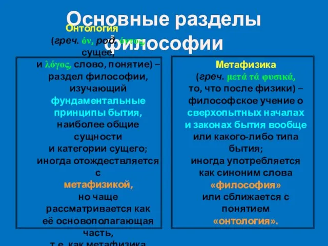 Основные разделы философии Онтология (греч. όν, род. όντος, сущее, и λόγος, слово,