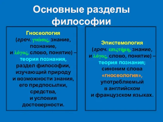 Основные разделы философии Гносеология (греч. γνώσις, знание, познание, и λόγος, слово, понятие)