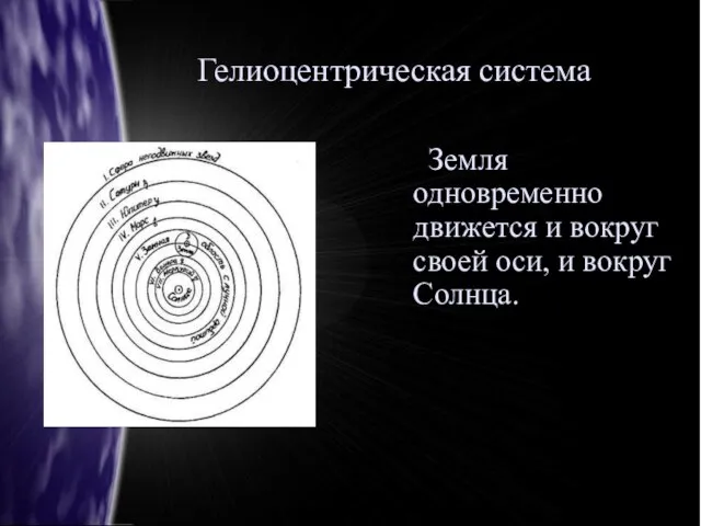 Гелиоцентрическая система Земля одновременно движется и вокруг своей оси, и вокруг Солнца.