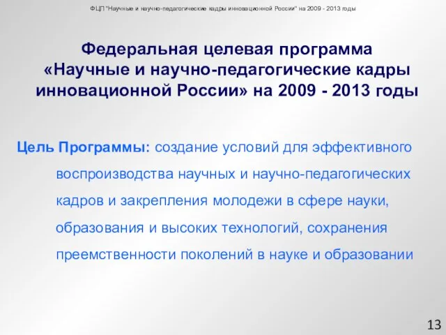 Федеральная целевая программа «Научные и научно-педагогические кадры инновационной России» на 2009 -