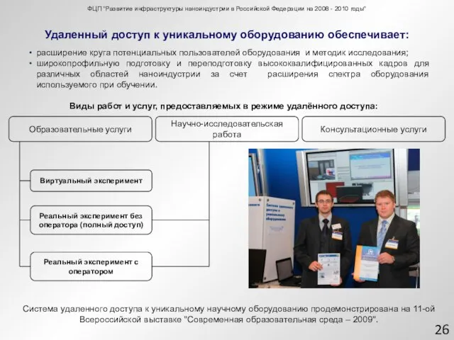 Удаленный доступ к уникальному оборудованию обеспечивает: ФЦП "Развитие инфраструктуры наноиндустрии в Российской