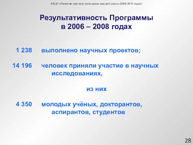 Результативность Программы в 2006 – 2008 годах АВЦП «Развитие научного потенциала высшей