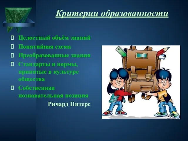 Критерии образованности Целостный объём знаний Понятийная схема Преобразованные знания Стандарты и нормы,