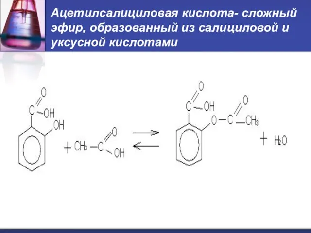 Ацетилсалициловая кислота- сложный эфир, образованный из салициловой и уксусной кислотами