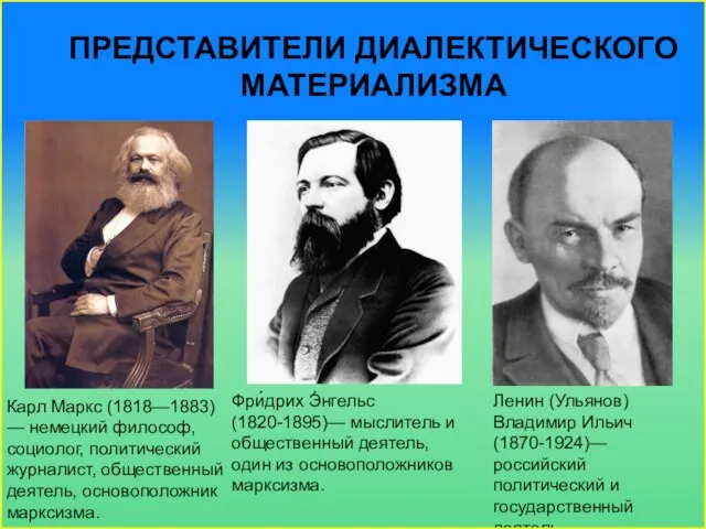 Представители Диалектического материализма Карл Маркс (1818—1883) — немецкий философ, социолог, политический журналист,