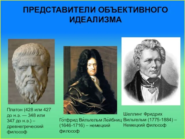 Представители объективного идеализма Го́тфрид Ви́льгельм Ле́йбниц (1646-1716) – немецкий философ Платон (428