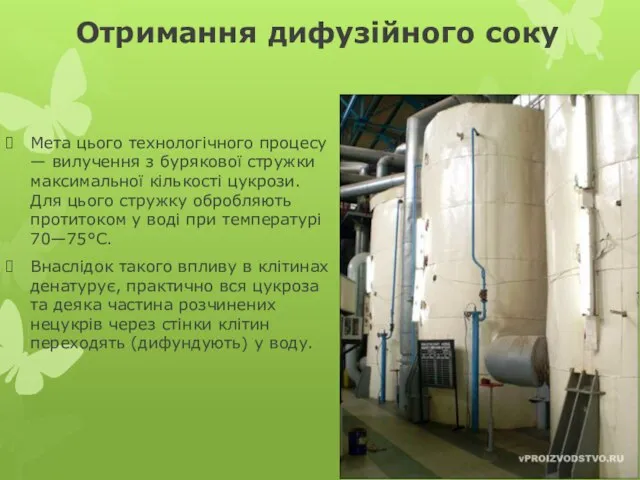 Отримання дифузійного соку Мета цього технологічного процесу — вилучення з бурякової стружки