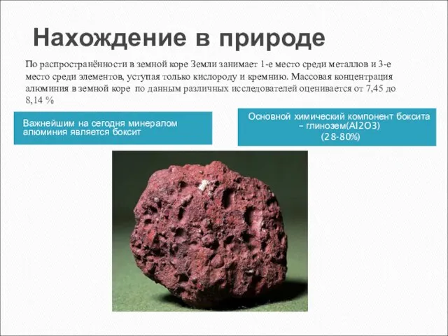 Нахождение в природе Важнейшим на сегодня минералом алюминия является боксит Основной химический