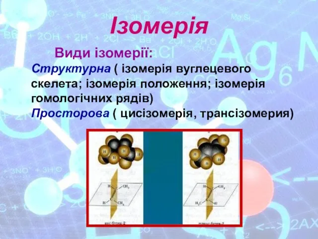 Ізомерія Види ізомерії: Структурна ( ізомерія вуглецевого скелета; ізомерія положення; ізомерія гомологічних