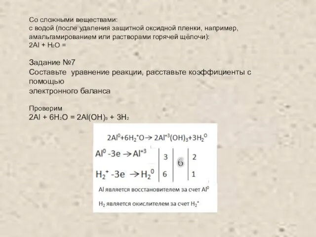 Со сложными веществами: с водой (после удаления защитной оксидной пленки, например, амальгамированием