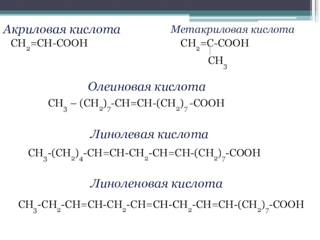 Акриловая кислота Метакриловая кислота СН2=СН-СООН СН2=С-СООН СН3 Олеиновая кислота СН3 – (СН2)7-СН=СН-(СН2)7