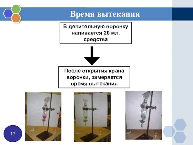 Время вытекания 17 В делительную воронку наливается 20 мл. средства После открытия