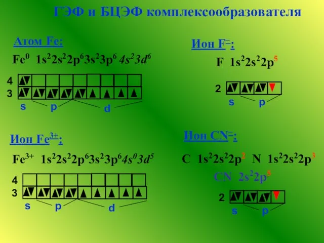 ГЭФ и БЦЭФ комплексообразователя Атом Fe: Fe0 1s22s22p63s23p6 4s23d6 Fe3+ 1s22s22p63s23p64s03d5 Ион