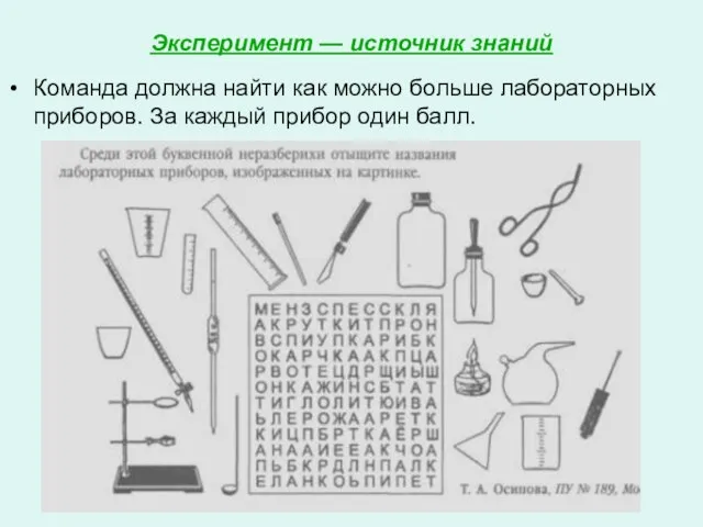 Эксперимент — источник знаний Команда должна найти как можно больше лабораторных приборов.