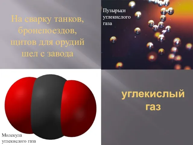 Пузырьки углекислого газа Молекула углекислого газа На сварку танков, бронепоездов, щитов для