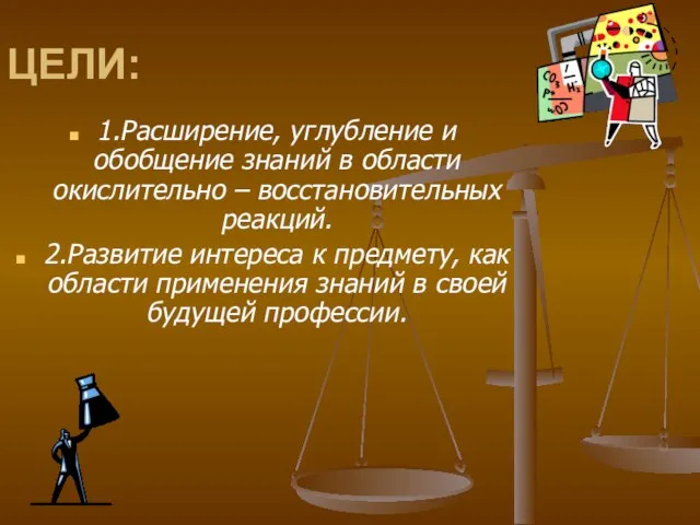 ЦЕЛИ: 1.Расширение, углубление и обобщение знаний в области окислительно – восстановительных реакций.