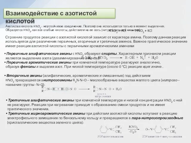 Взаимодействие с азотистой кислотой Азотистая кислота HNO2 - неустойчивое соединение. Поэтому она