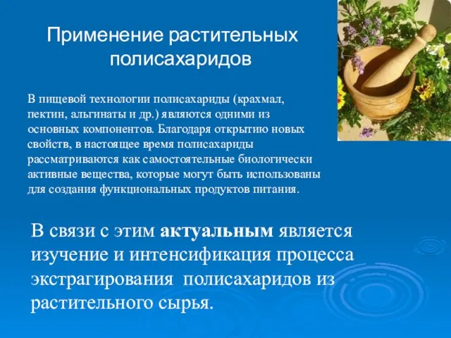 В пищевой технологии полисахариды (крахмал, пектин, альгинаты и др.) являются одними из