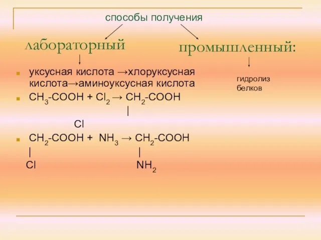 лабораторный уксусная кислота →хлоруксусная кислота→аминоуксусная кислота СН3-СООН + Сl2 → СН2-СООН |