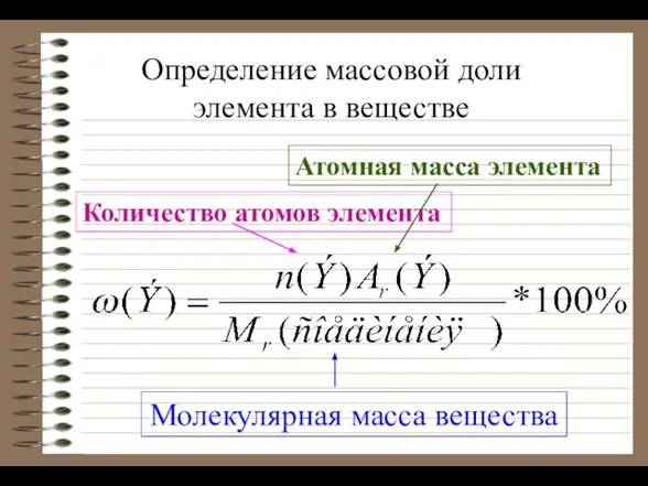 Молекулярная масса вещества Количество атомов элемента Атомная масса элемента Определение массовой доли элемента в веществе