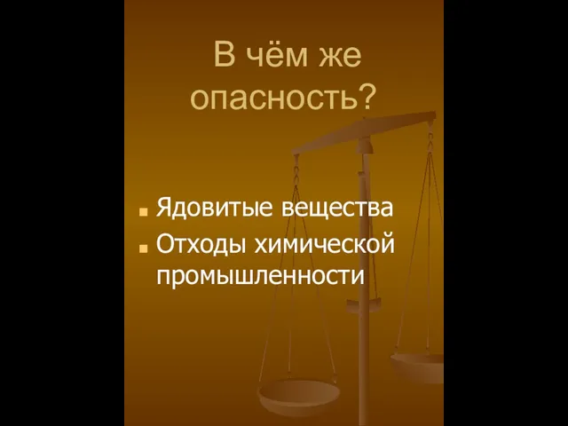 В чём же опасность? Ядовитые вещества Отходы химической промышленности